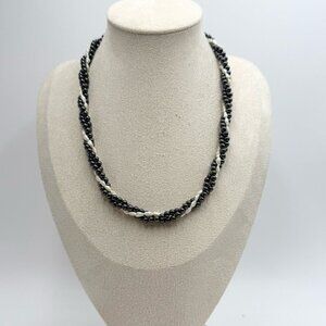 Vintage Black Gemstone White Rice Pearl Beads Twisted Necklace